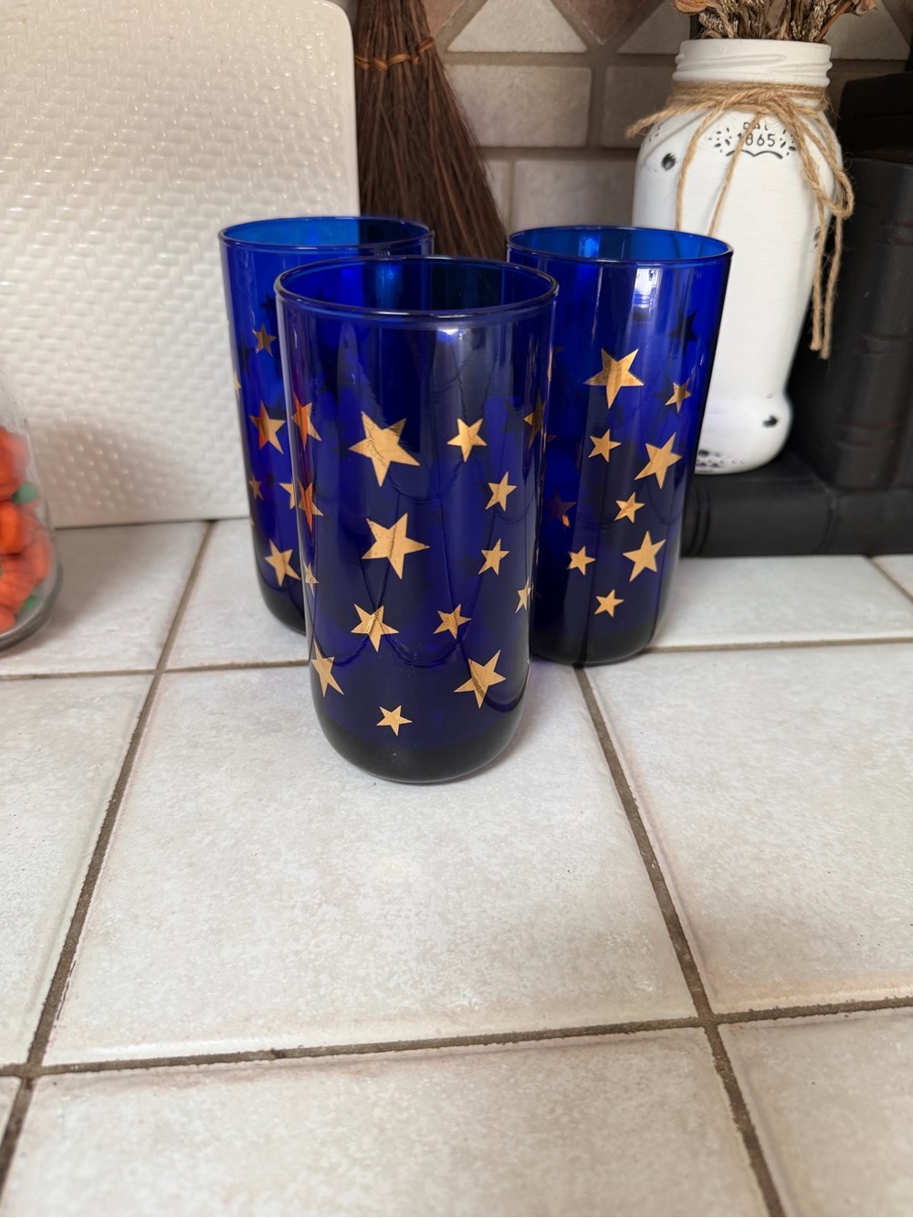 Set of 3 Libbey Glass "Celestial" Cobalt with Gold Stars Cooler Glasses
